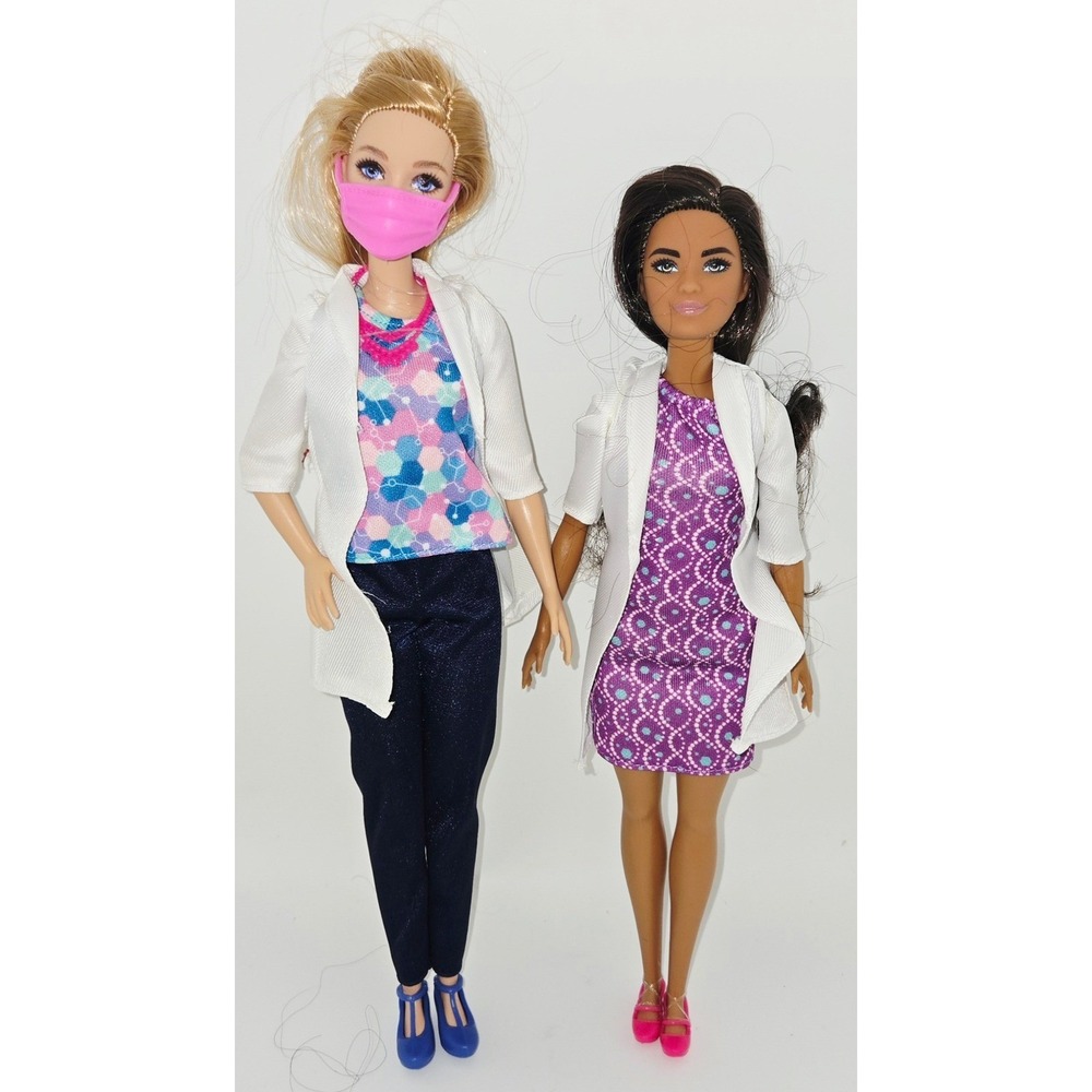 Lot of 2 Barbie Scientist Career Dolls Lab Coats Blonde Brunette Mask